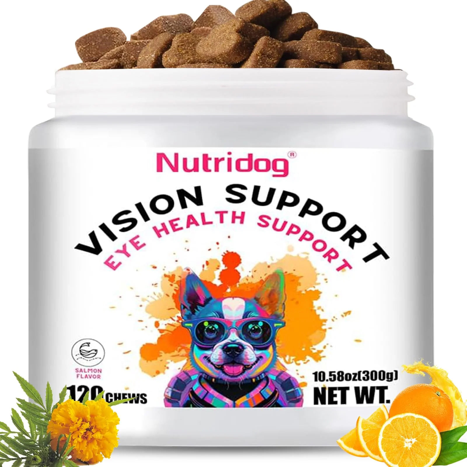 Enhanced Nutridog Eye Supplements for Dogs — Vision Support Soft Chews with DHA Lutein Vitamin C 120 ct Salmon Long-Lasting