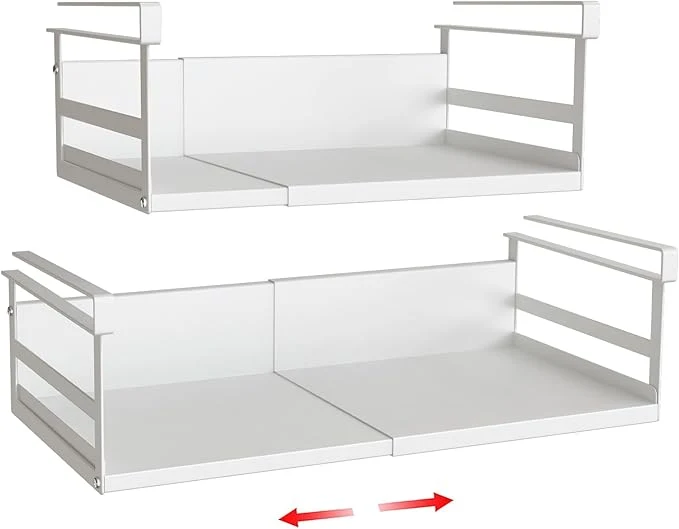 World-Class Expandable Under Cabinet Shelf Organizer with 0.94-Inch Thick Clips Heavy Duty Extendable Under Shelf Storage Basket for Pantry or Laundry Room White 2 Pack Interior 4.13 H x 8.54 DAbout ThisOverview Outstanding