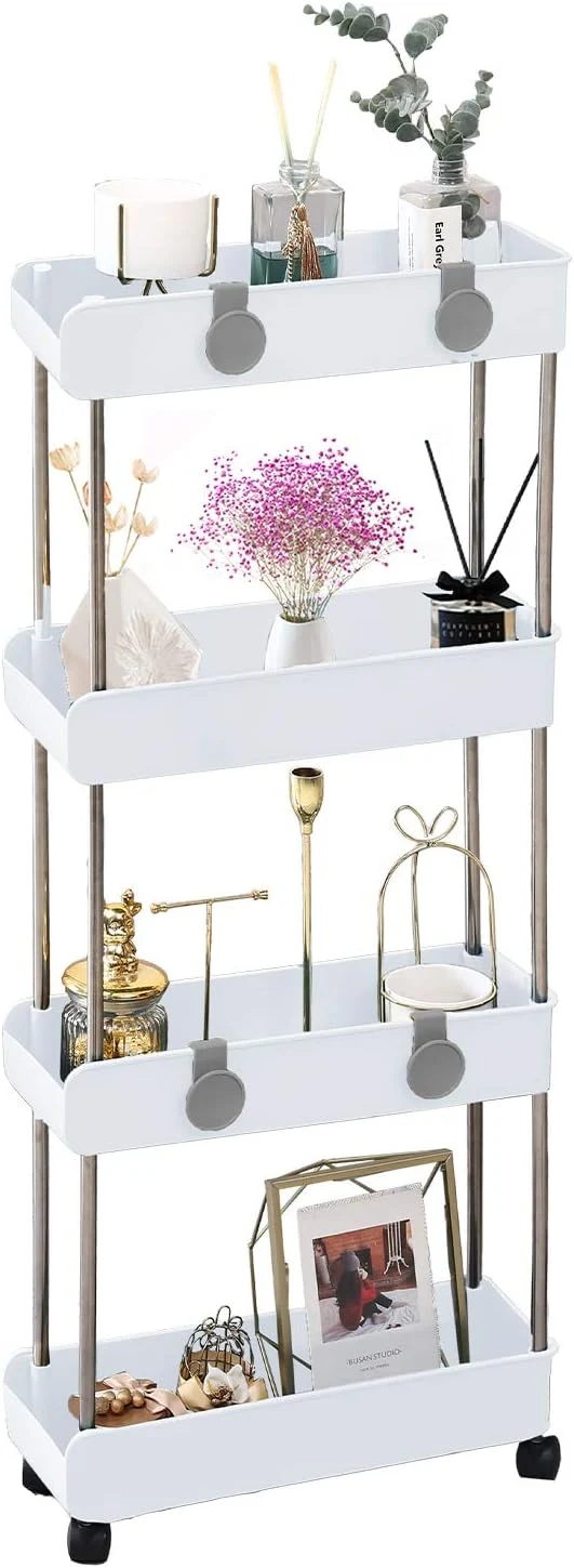 Authentic Melody House 4-Tier Slim Mobile Shelving Unit on Wheels Slide Out Rolling Bathroom Storage Organizer Utility Carts Shelf Rack for Kitchen Bathroom Laundry Room Narrow Places WhiteAbout ThisOverview Exclusive
