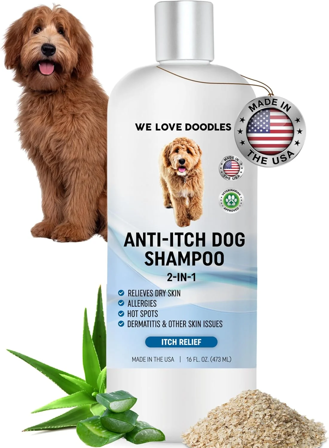 Powerful Premium Anti Itch Dog Shampoo for Sensitive Skin Made in USA Dry Skin Treatment for Dogs Great for Allergies Itching Hot Spots Natural Ingredients Allergy Relief 16 OZ We Love Doodles Pure