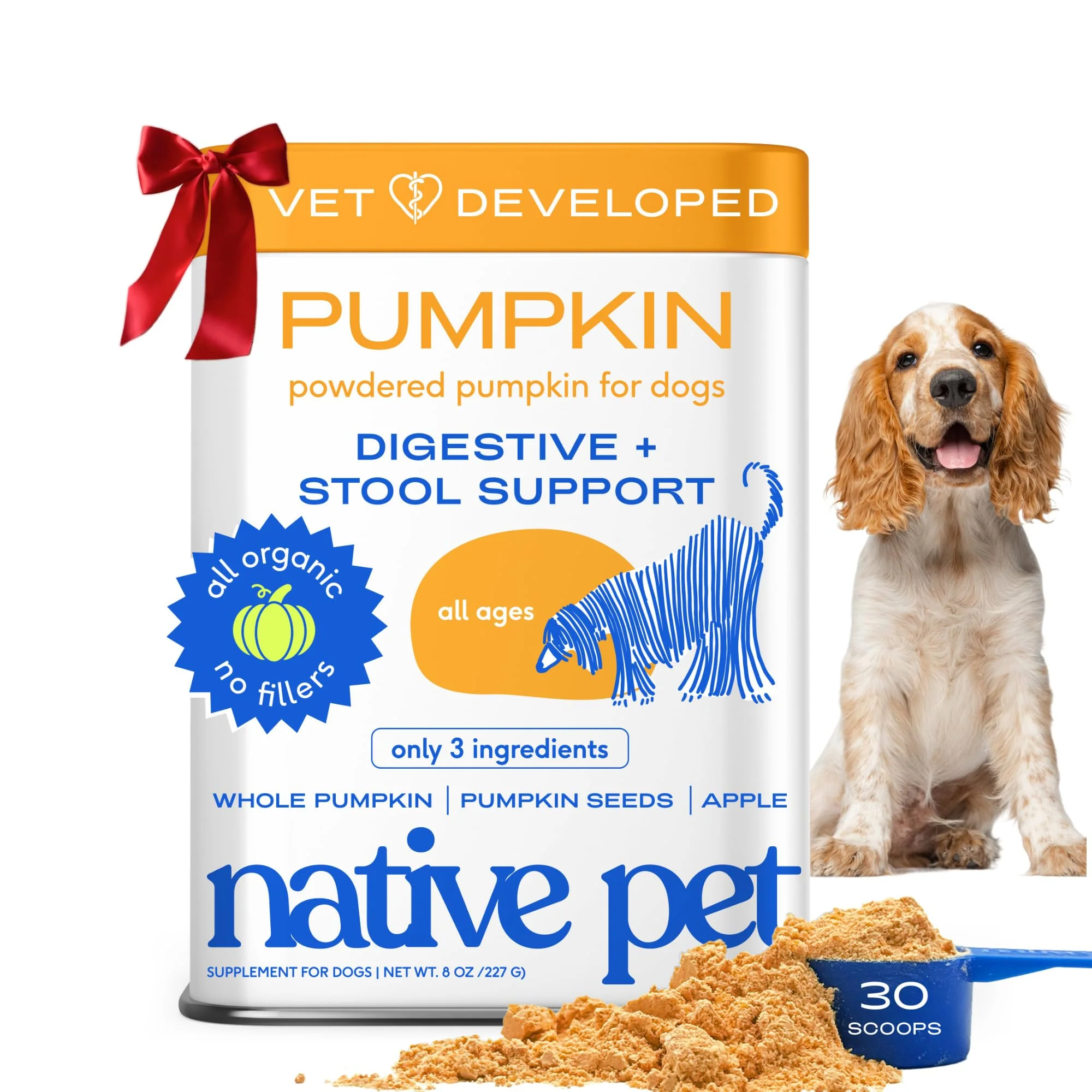 World-Class Native Pet Pumpkin for Dogs - Organic Powder Topper 30 Scoops Fiber for Digestion Verified