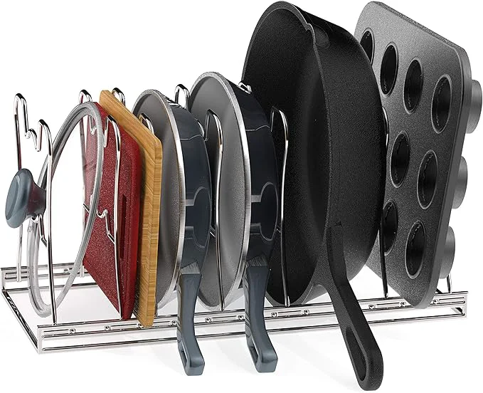 Breathable Simple Houseware 7 Adjustable Compartments Pot and Pan Organizer Rack Lid Holder ChromeAbout ThisOverview Smooth