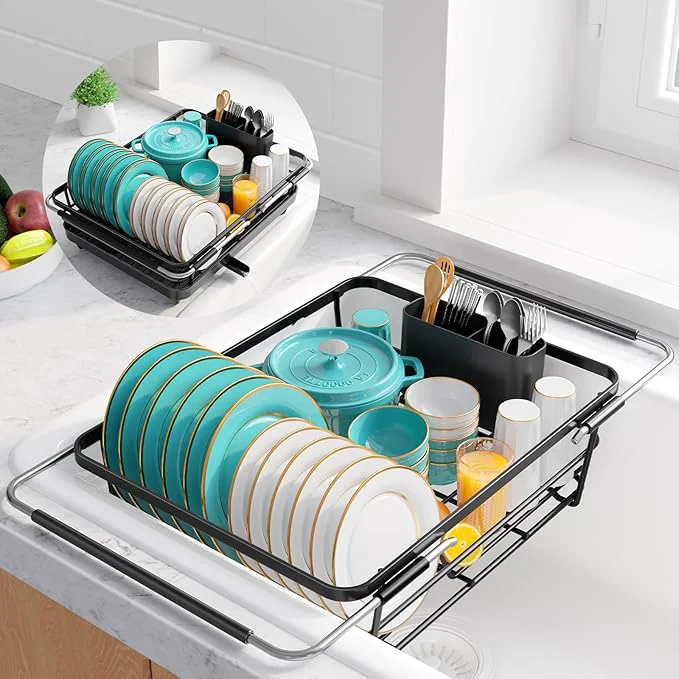 Clean Extendable Dish Drying Rack Over Sink with Dish Drainer Sink Organization and Storage Essentials with Silverware Utensil Holder Home and Apartment Decor 12 W x 16.1 23 L BlackAbout ThisOverview High-Quality