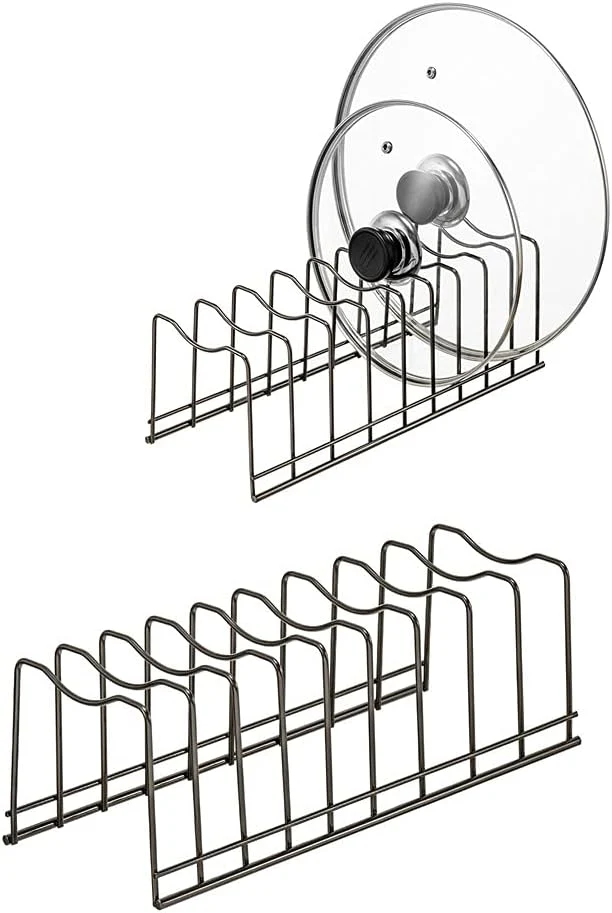 Smooth Pot Lid Holder Organizer Kitchen Countertop Storage Rack Cutting Boards Bakeware Pots Pans Serving Trays Reusable Containers in Cabinet Pantry Stainless SteelAbout ThisOverview Functional