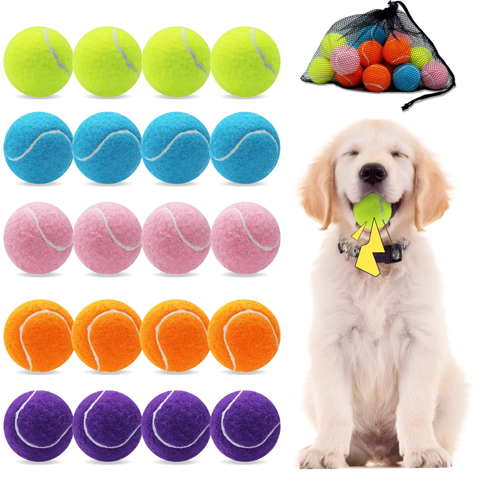 Soft orange 20-Pack 2-Inch Squeaky Dog Tennis Balls with Mesh Bag Functional