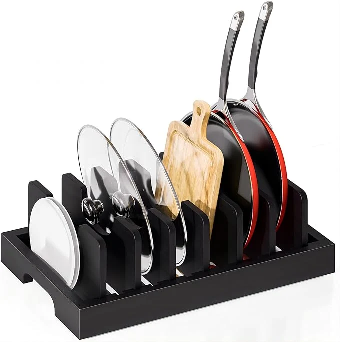 First-Class Bamboo Pot and Pan Organizer Pot Lid Organizer Holder Rack for Countertop Drawer Kitchen Cabinet Organizer with 7 Adjustable Dividers for Pots Pans Baking Sheets Cutting Boards BlackAbout ThisOverview Certified