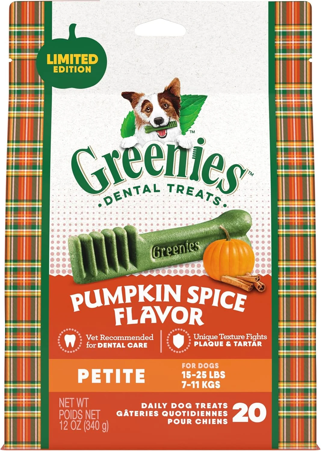 Fine Crafted Greenies Petite Dental Dog Treats Pumpkin Spice Flavor Limited Edition 12 oz. Pack 20 Treats Original
