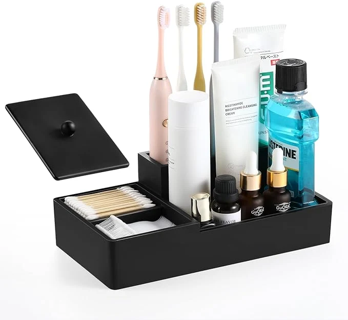 Responsible Luxspire Bathroom Counter Organizer Marble Toothbrush Holder for Bathroom 6 Slot Bathroom Vanity Organizer with Lid Bathroom Organizer Countertop for Cotton Ball Q-Tips Floss Matte BlackAbout ThisOverview Powerful