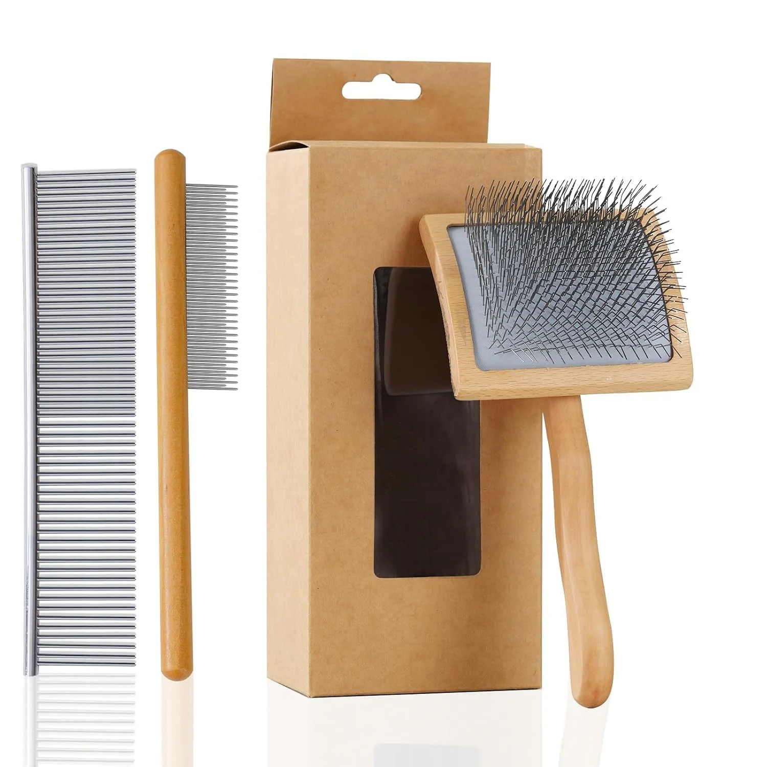 Fashionable Ergonomic Slicker Brush for Long-Haired Dogs - Wooden Handle Long Pins for Grooming Goldendoodles Minimalist