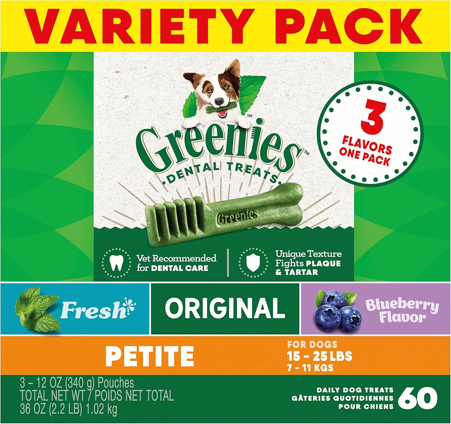 Smooth Greenies Petite Dental Dog Treats 3-Flavor Variety Pack 3 12 oz. Pouches 60 Total Treats Carefully Designed