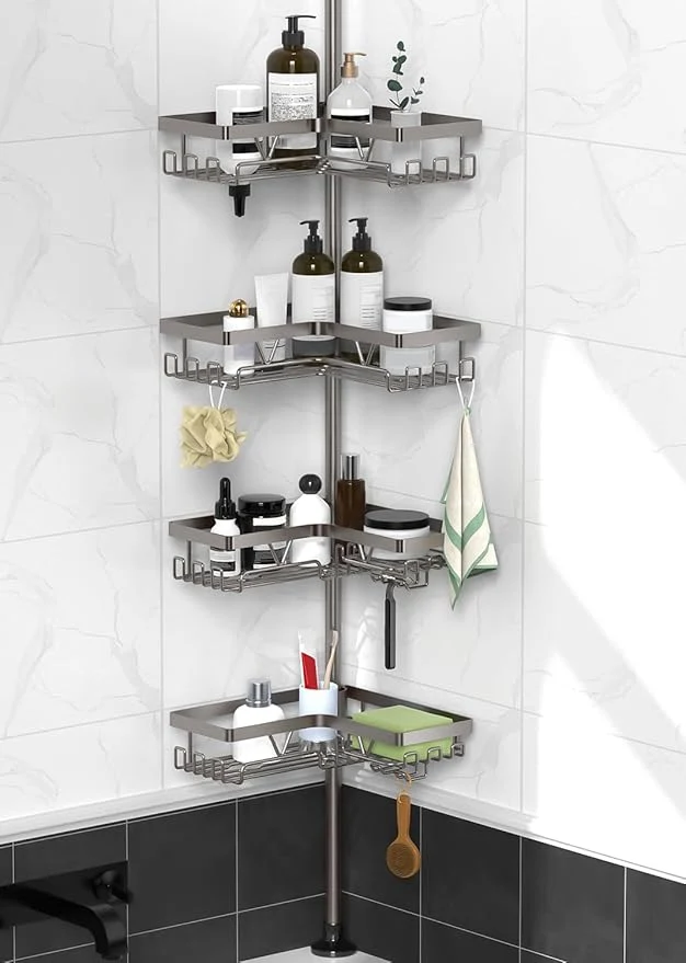 Expertly Made KEGII Corner Shower Caddy Tension Pole with Soap Dish Razor Holder Adjustable Bathroom Organizer with Hooks 25-114.2 Inch Rustproof Storage Shelf for Renters Apartments Gunmetal GrayAbout ThisOverview Secure