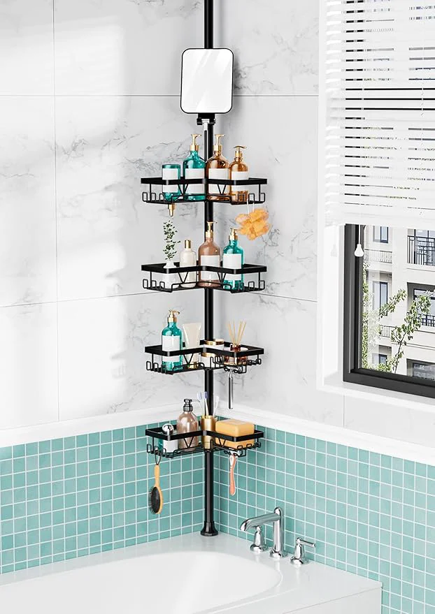 Fine Crafted KEGII Shower Caddy Tension Pole - Adjustable Rustproof Corner Bathroom Organizer with Fogless Shower Mirror 25–114.2 Inch No-Drill Bathroom Storage BlackAbout ThisOverview World-Class