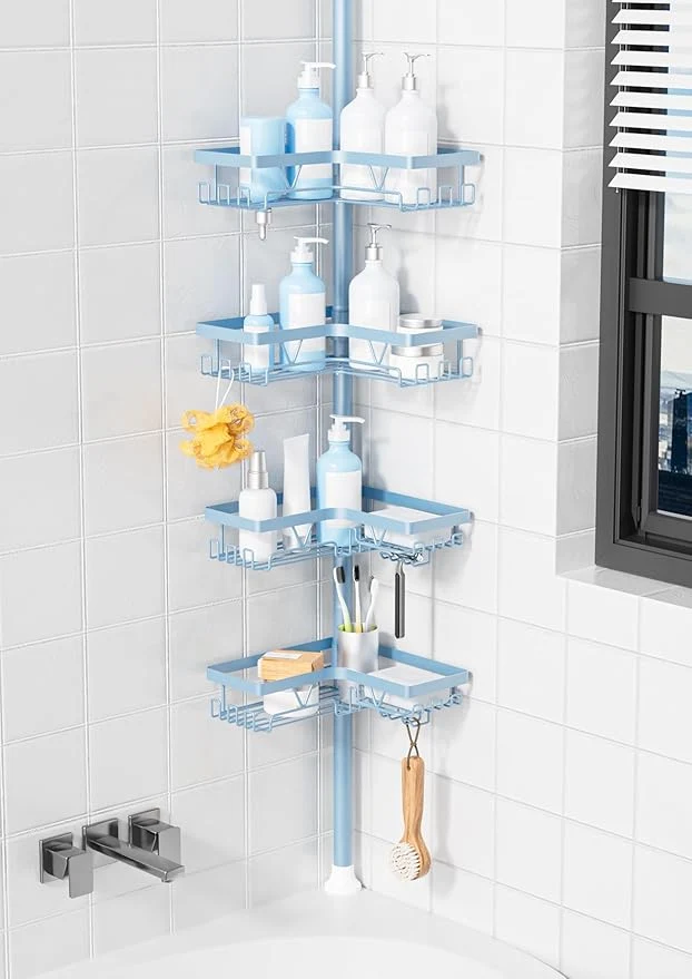 World-Class KEGII Shower Caddy Tension Pole 4-Tier Rustproof Adjustable Corner Bathroom Organizer for Renters 25–114.2 Inch No Drill Space-Saving Shower Storage Rack BlueAbout ThisOverview Official