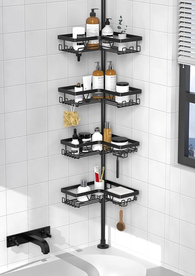 Flexible KEGII Corner Shower Caddy Tension Pole - Shower Tension Rod Organizer Floor to Ceiling Shower Caddy 25-114.2 inch Towel Rack Corner Waterproof BlackOverview Practical