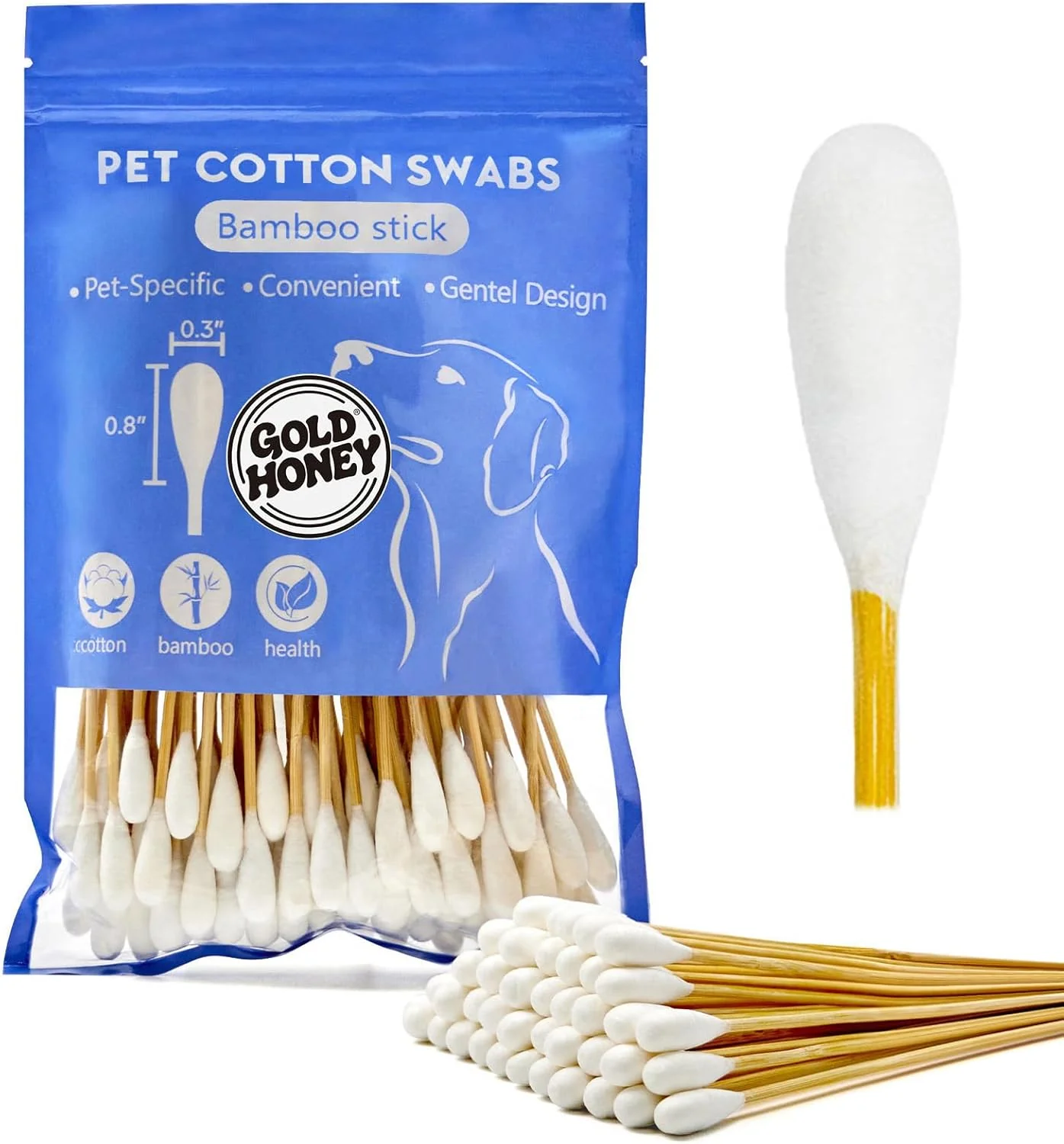 Organic GOLD HONEY 6 Inch Large Cotton Swabs 100PCS Dog Ear Swabs with Bamboo Handle for Dogs Pet-Specific Gentle Design Lint- Canine Cotton Stick Ear Cleaning Professional