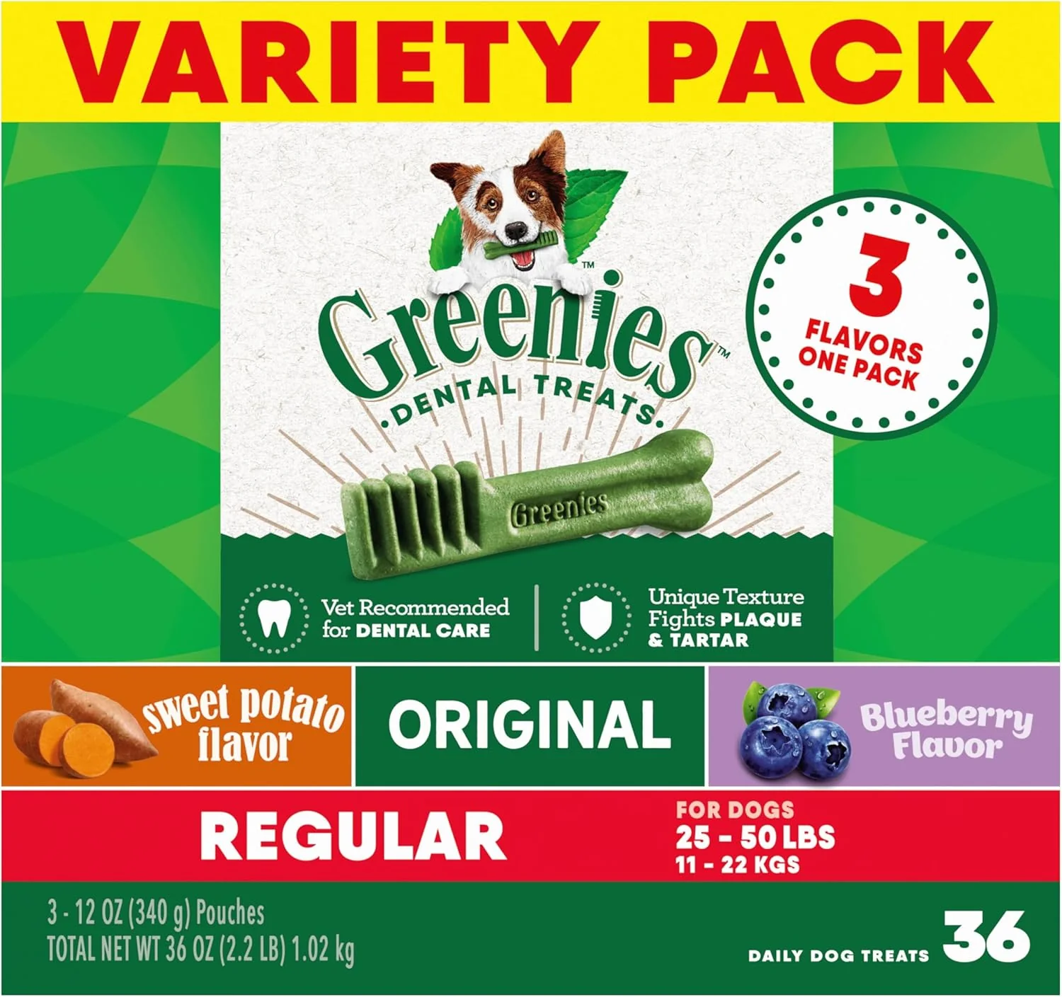 Comfortable Greenies Regular Dental Dog Treats 3-Flavor Variety Pack 3 12 oz. Pouches 36 Total Treats Convenient
