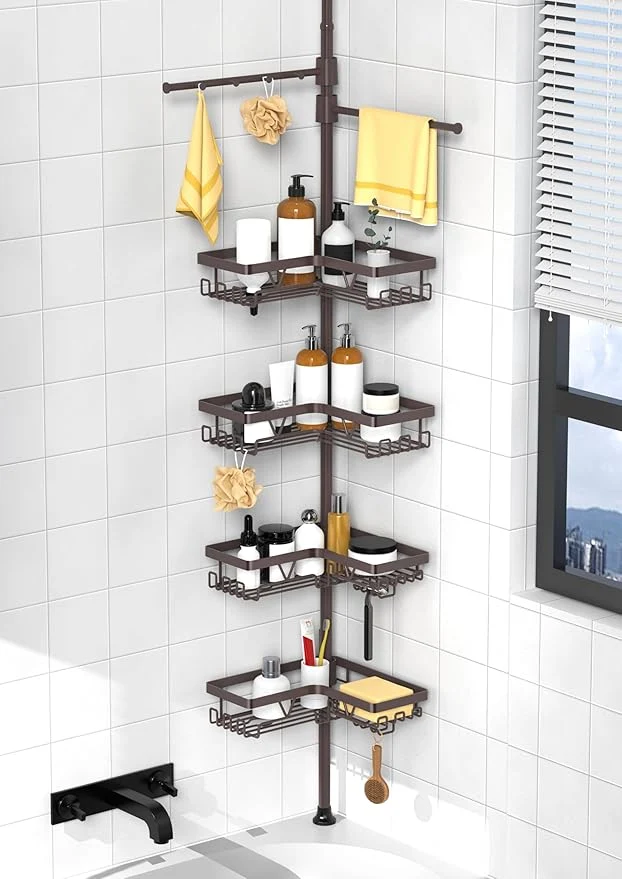 Durable KEGII Shower Caddy Tension Pole with 2 Towel Bars Adjustable Corner Bathroom Organizer Rustproof Bathtub Storage Shelves for Shampoo 25–114.2 Inch Shower Corner Rack for Renters Family BronzeAbout ThisOverview Smart