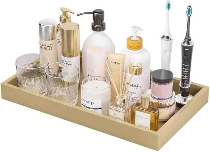 User-Friendly ZHWS Gold Bathroom Vanity Tray for Countertop Perfume Makeup Jewelry Candle Decor Kitchen Tray for Soap Dispenser Spice Salt Large Gold Tray for Toilet Tank Paper Serving Nightstand 13 x6.5 About ThisOverview Optimized