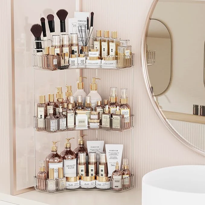 Top-Quality 3-Tier Corner Bathroom Counter Organizer with Top Toothbrush Holders Large Makeup Organizer Countertop with Brush Holder Skincare Organizers Corner Exquisite Vanity Organizer Clear 3 Tier About ThisOverview High-End