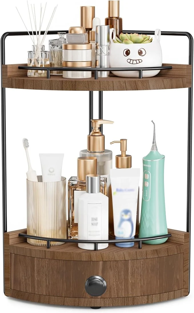 Stylish 2-Tier Corner Bathroom Counter Organizer with Drawer Embedded Screw Holes - Wooden Countertop Organizers for Skincare Makeup Storage Bathroom Sink Counter Shelf for Vanity Dark BrownAbout ThisOverview Premium