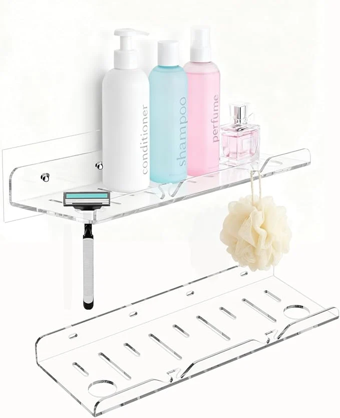 Expertly Made Acrylic Bathroom Shelves 2 Pack 12 inch Adhesive Shower Shelves Clear Wall Shelf Rental Friendly No Drill Shower Caddy for Perfume Cosmetics SkincareAbout ThisOverview Excellent