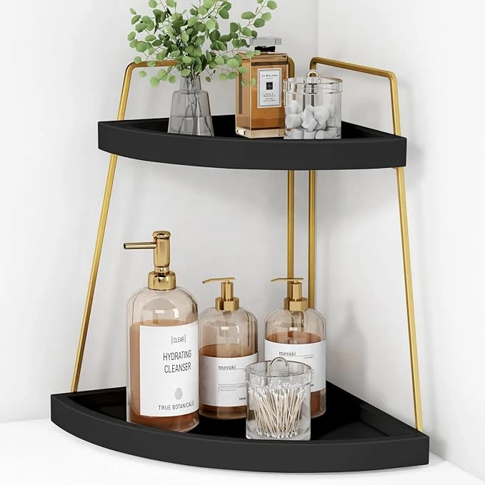Unique Forbena Black and Gold Corner Bathroom Counter Organizer Modern Kitchen Countertop Shelf Organizer for Sink Two Tier Makeup Vanity Storage Holder Tray for Table Top Skincare Perfume DecorAbout ThisOverview Soft