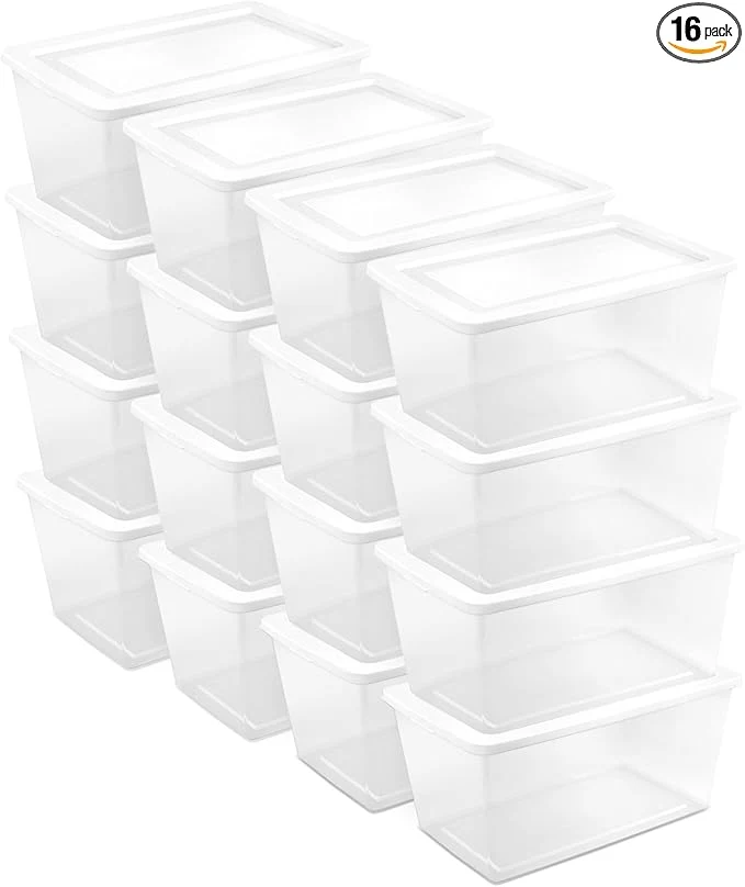 Breathable Sterilite 16 Pack Storage Box 90 Quart Stackable Tote Clear Plastic Container with Secure Snapping Lids for Home and Office Organization WhiteAbout ThisOverview Modern