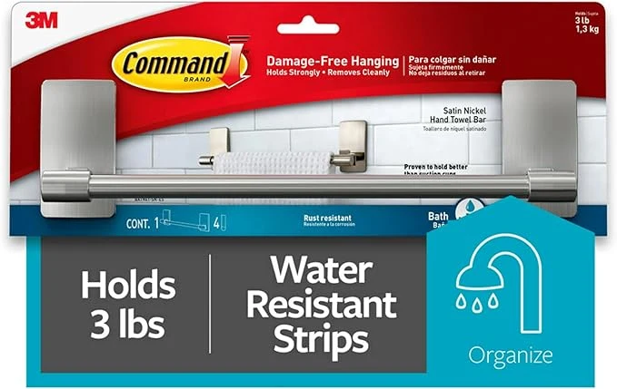Practical Command Hand Towel Bar Satin Nickel with 4 Water Resistant Command Strips 9 Hand Towel Holder Holds up to 3 lb Great for Bathroom Décor on The Wall Inside The Cabinet or in-The Shower Pack of 8 About ThisOverview Easy-to-Use