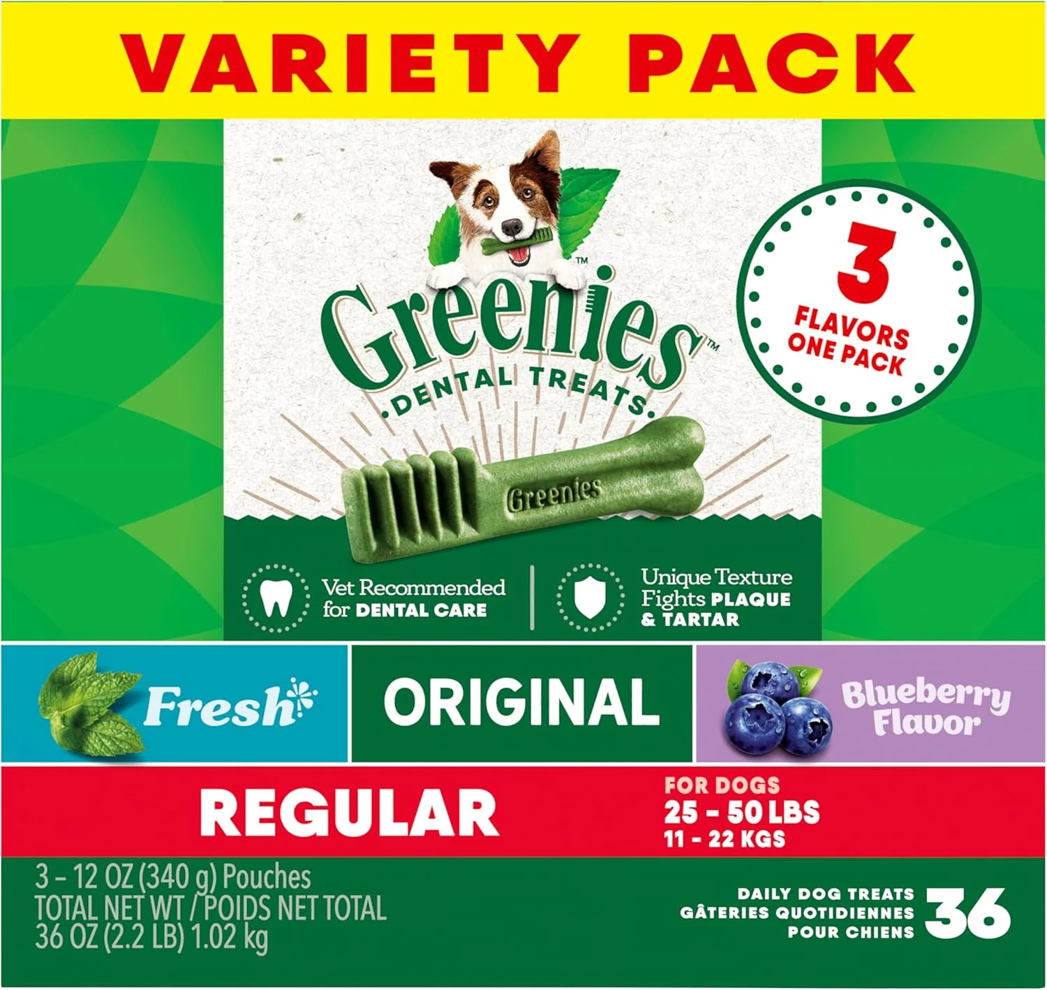 Luxury Greenies Regular Dental Dog Treats 3-Flavor Variety Pack 3 12 oz. Pouches 36 Total Treats Premium