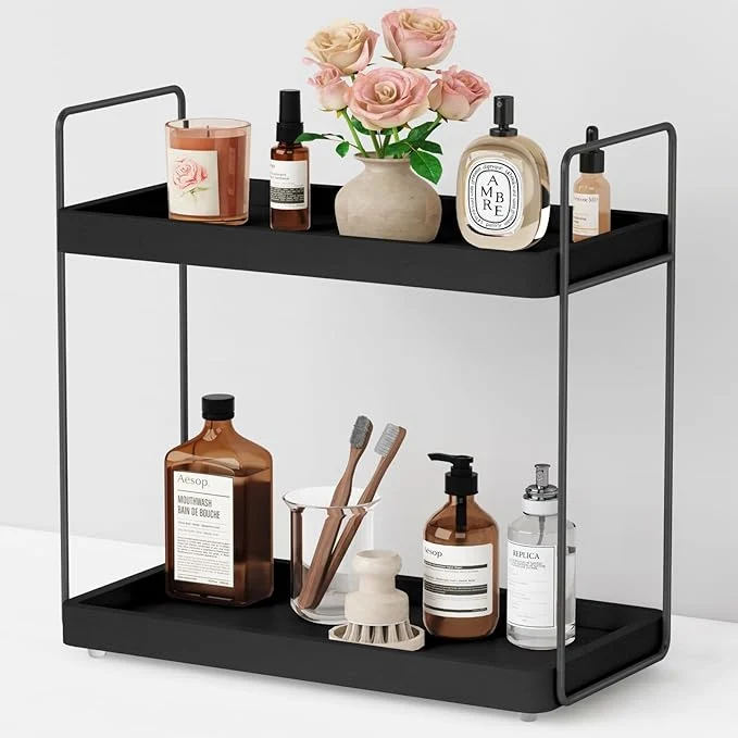 Breathable Forbena Black Bathroom Counter Organizer Tiered Bathroom Organizer Countertop Tray Corner Makeup Vanity Shelf Organizers and Storage for Men Perfume Skin Care Kitchen Sink Coffee Bar StationAbout ThisOverview Classic