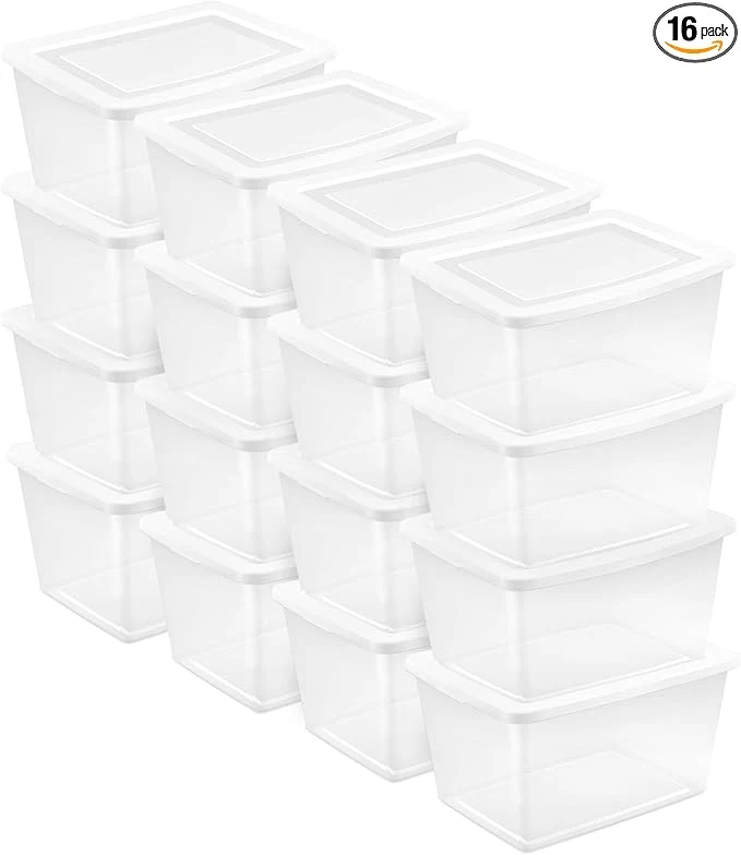 Solid Sterilite 16 Pack Storage Box 58 Quart Stackable Tote Clear Plastic Container with Secure Snapping Lids for Home and Office Organization WhiteAbout ThisOverview Practical