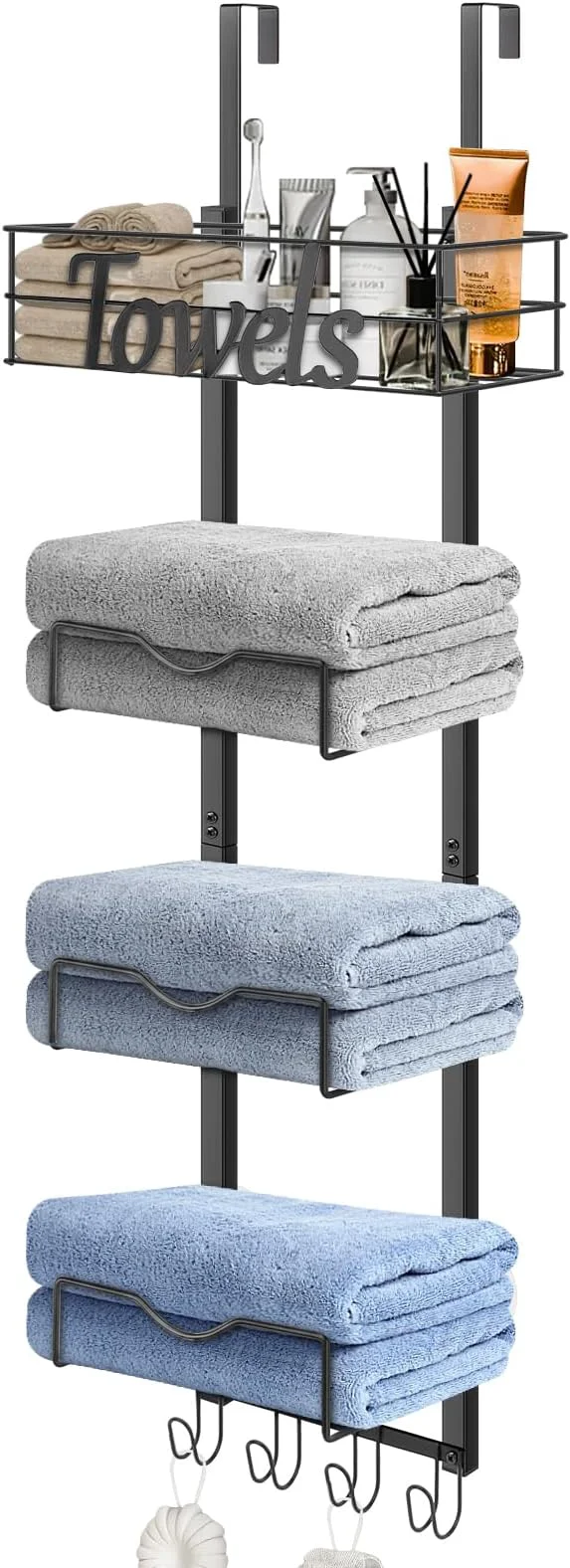 Selected HarJue Over The Door Towel Racks No Drill Towel Storage with Basket Hooks Space-Saving Multi-Functional Towel Holder for Bathrooms bedrooms Apartments R Matte Black About ThisOverview Breathable