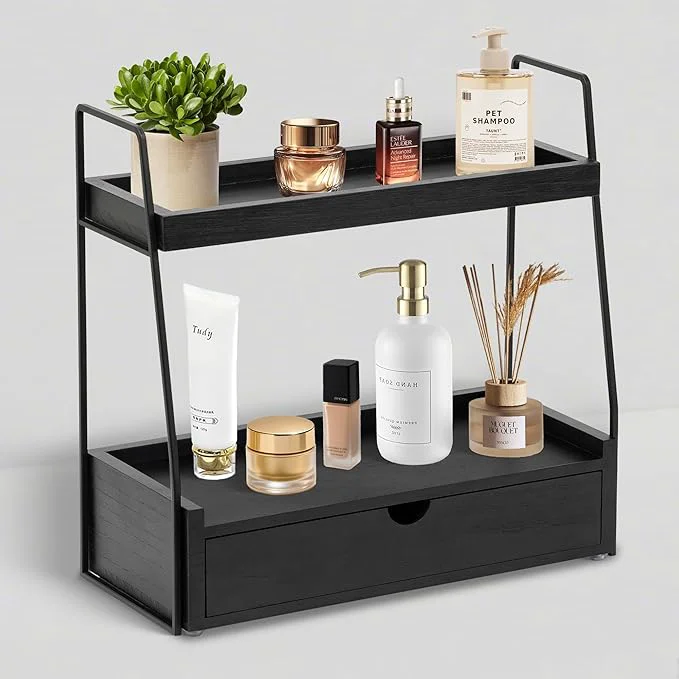 Certified 2-Tier Bathroom Organizer Countertop with Drawer Wood Counter Organizer for Bathroom Decor Sink Shelf for Vanity Storage Makeup Tray for Perfume Skincare Bedroom Kitchen CornerAbout ThisOverview Recyclable