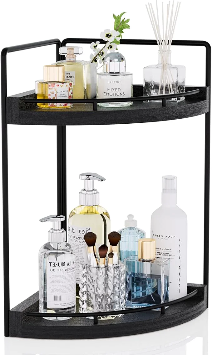 World-Class Corner Bathroom Counter Organizer 2 Tier Wood Vanity Storage Waterproof Skincare Shelf for Kitchen Toiletries Decor Dresser Black-2 Tier About ThisOverview Sustainable