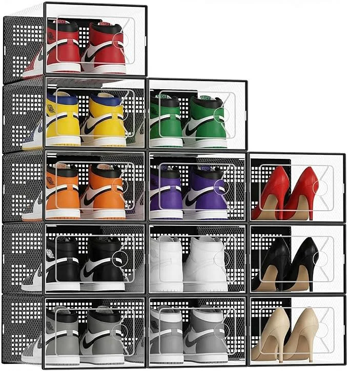 Stylish DUMOS 12-Pack Clear Shoe Boxes Stackable Shoe Storage Container Organizer with Lids Plastic Sneaker Case for Under Bed Entryway Sneaker Display and Storage BlackAbout ThisOverview Pure