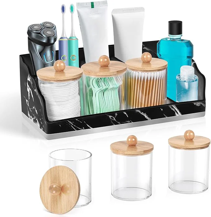 Outstanding Marble Bathroom Countertop Organizer Toothbrush Holders for Bathroom with 3PCS Qtip Holder Dispenser and Toothpaste Holder Drainage for Bathroom Accessories Organization Counter Vanity StorageAbout ThisOverview Green