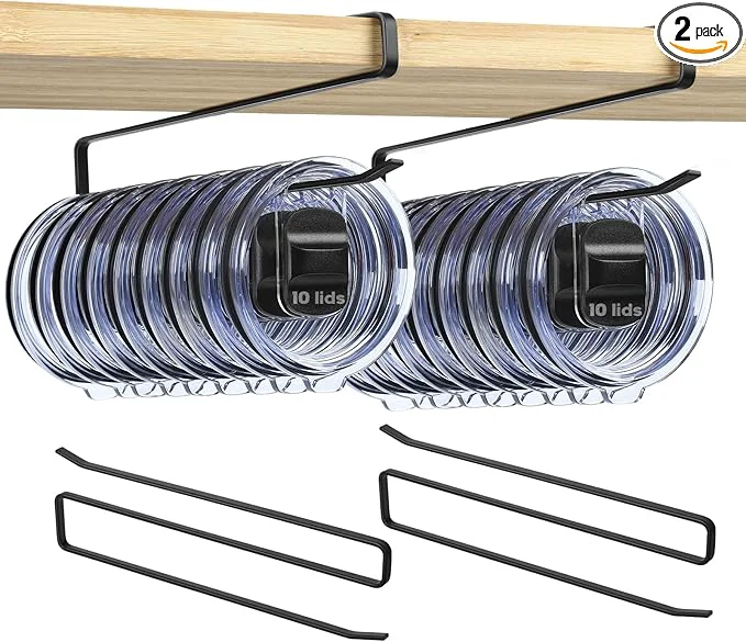 Prestigious 2 Pack Tumbler Lid Organizer Under Cabinet Cup Lid Holder - Heavy Duty Iron with Anti-Rust Coating Holds 10 Lids No Drill Space-Saving Kitchen Bathroom Organizer for 20–40 oz Tumbler Lids BlackAbout ThisOverview Smart