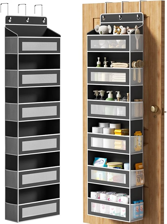 Sustainable Over The Door Organizer with 6 Large Pockets Over the Door Storage 12 Side Pockets Hanging Door Organzier 44 lb Load Behind Door Storage Hanging Shelf for Closet Wall Bathroom Nursery 6-Tier BlackAbout ThisOverview Crafted