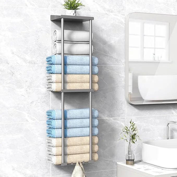 Traditional Towel Rack Storage for Bathroom Wall Mounted Vertical Rolled Towel Organizer Holder with Shelf Holds Up 6 Large Bath Sheets Silver GreyAbout ThisOverview Trusted