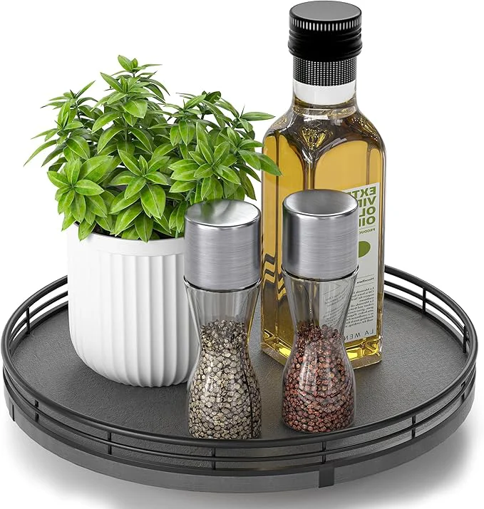 Artisan Nature Slate Lazy Susan Turntable for Table Top – 10 Round Slate Tray Organizer for Dining Table Kitchen Countertop Bar Luxury Stone Serving Tray with Black Raised Iron RimAbout ThisOverview Detailed