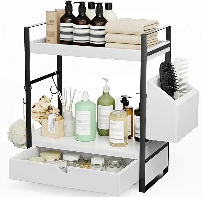 Crafted Kottwca Bathroom Counter Organizer with Drawer 2-Tier Wood Countertop Organizer for Storage Vanity Skincare Organizers Bathroom Sink Shelf for Organization White About ThisOverview User-Friendly