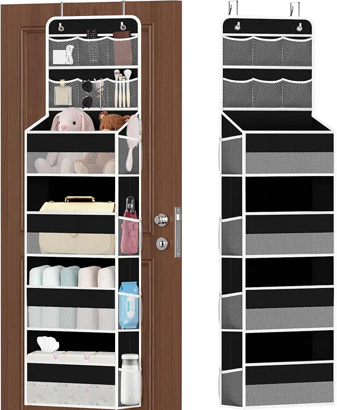 Certified 6-Tier Over the Door Organizer with Mesh Pockets Baby Nursery Storage for Closet Bathroom and Bedroom Adjustable Hanging Closet Organizer for Cosmetics Books and Essentials（Black）About ThisOverview Dependable