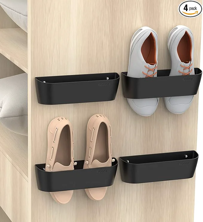 Smart Wall Mounted Shoes Rack 4Pack with Sticky Hanging Strips Plastic Shoes Holder Storage Organizer Door Shoe Hangers SM03-Black-4 About ThisOverview Contemporary