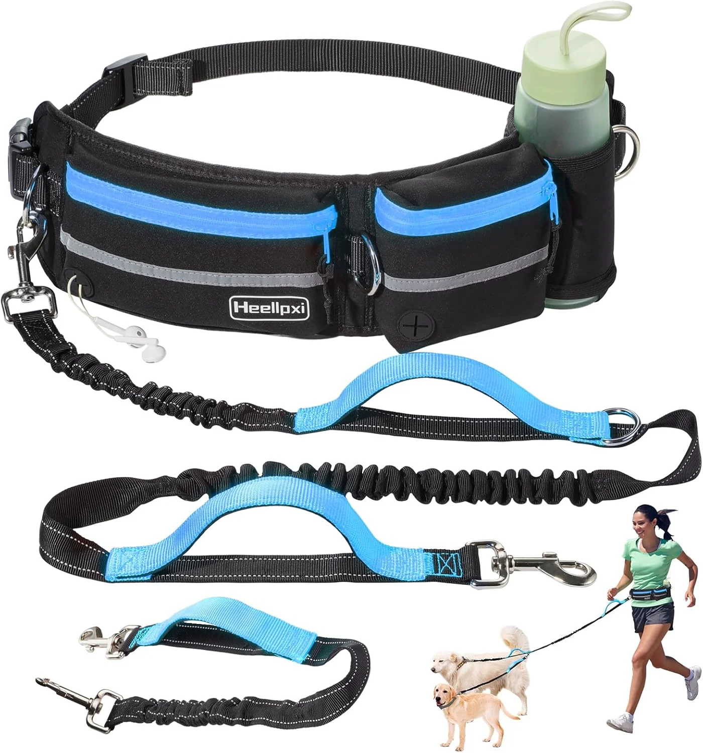 Dependable Hands- Waist Leash with Pouch for Two Dogs Reflective Stitching Dual Handle Bungee Retractable Design – I for Medium to Large Dogs Blue – Dog Walking Accessories Natural