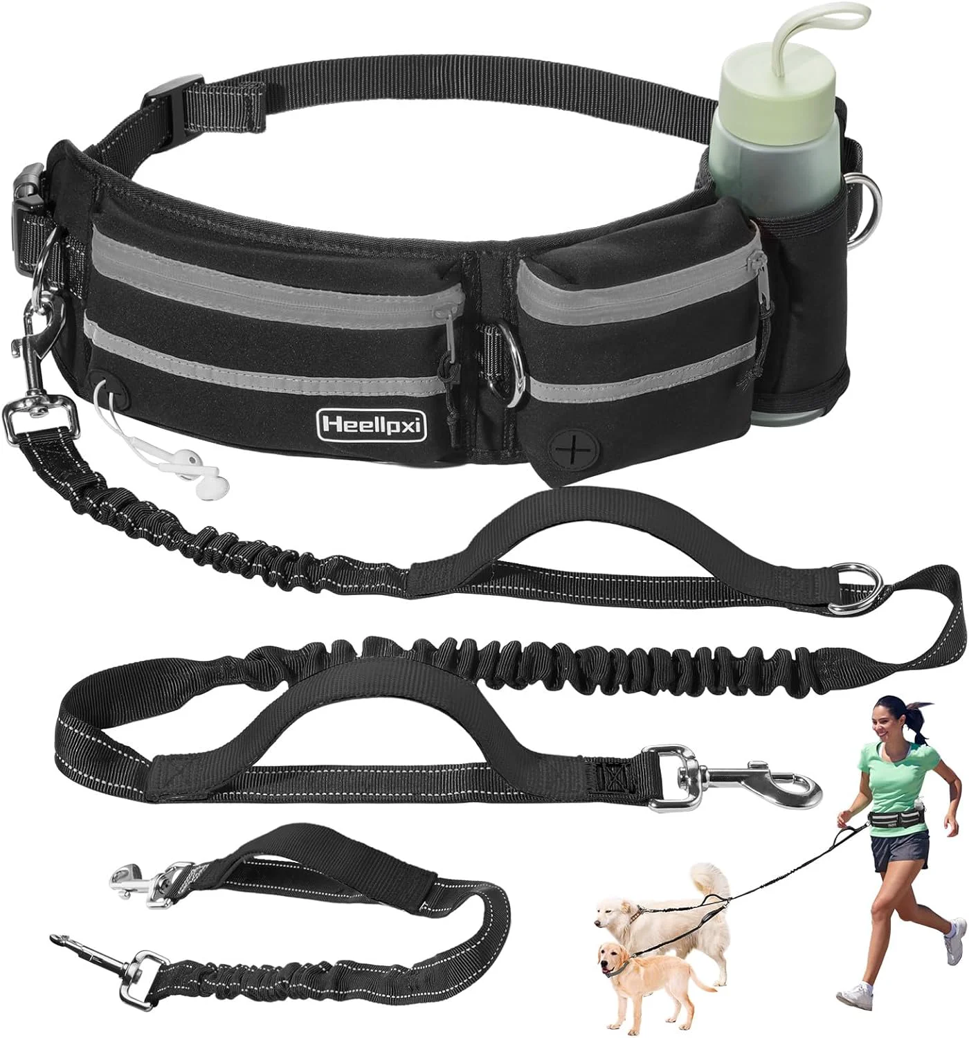 Smooth Hands- Waist Leash with Pouch for Two Dogs Reflective Stitching Dual Handle Bungee Retractable Design – I for Medium to Large Dogs Grey – Dog Walking Accessories Powerful