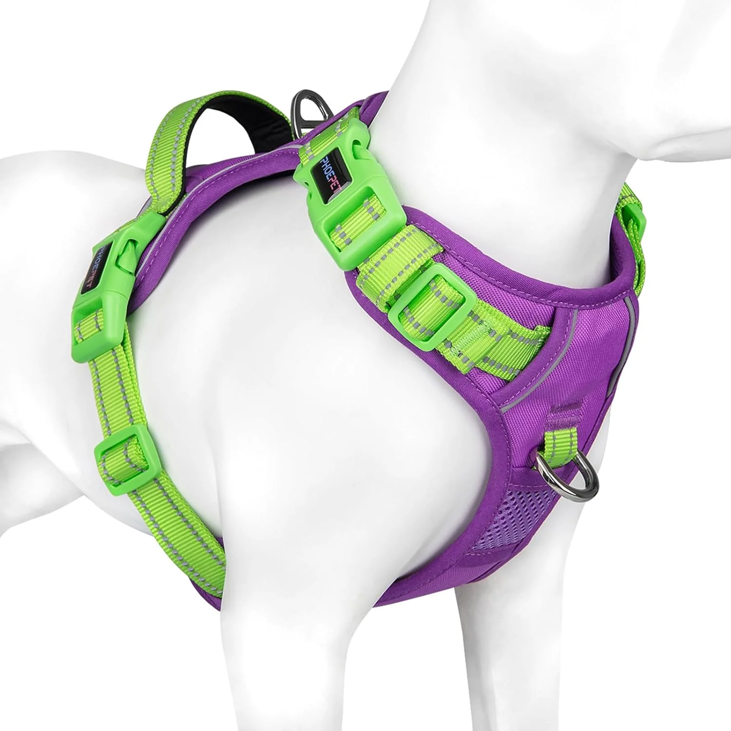 Advanced PHOEPET No Pull Dog Harness Unique Colors Reflective Adjustable Dog Vest with Soft Training Handle Metal Clips for Small Medium Large Dogs Purple Base Green Straps L Superior