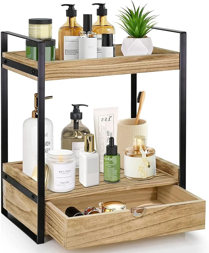 Selected 2-Tier Bathroom Organizer Countertop with Drawer Wood Counter Shelf for Storage Vanity Tray for Organization and Decor Countertop Organizer for Bathroom Kitchen Office Brown About ThisOverview Lightweight