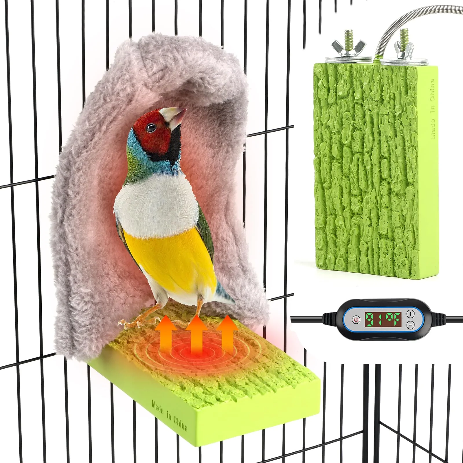 Smooth HOSUKKO Bird Heater for Cage – Temperature-Adjustable Warm Perch 12V 5W 91–118°F Crafted