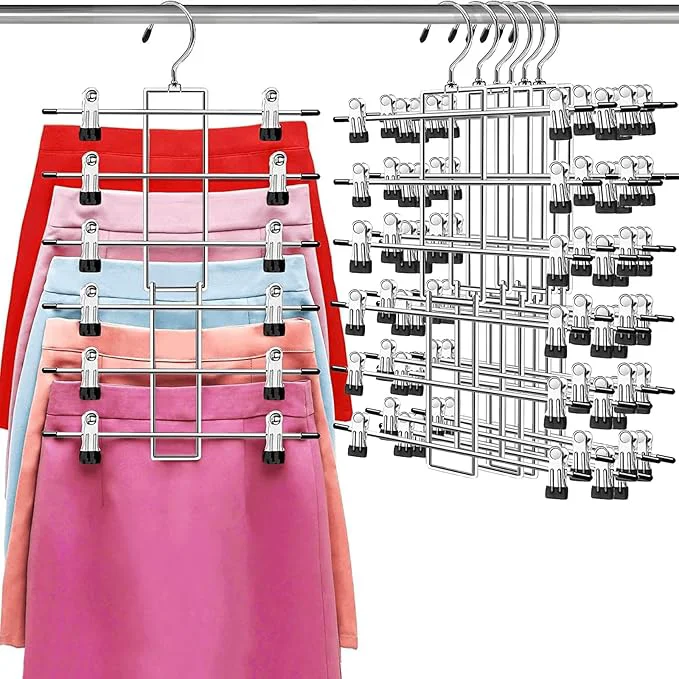 Classic Pants Hangers with Clips Space Saving Hanging Closet Organizer-6 Tiers Skirt Hangers with 360° Swivel Hook Closet Organizer-Clothes Hangers- College Dorm Essentials Apartment Essentials- 6 PackAbout ThisOverview Comfortable