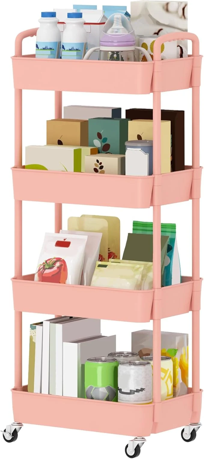 Versatile Sywhitta 4-Tier Plastic Rolling Utility Cart with Handle Multi-Functional Storage Trolley for Office Living Room Kitchen Movable Storage Organizer with Wheels PinkAbout ThisOverview Solid
